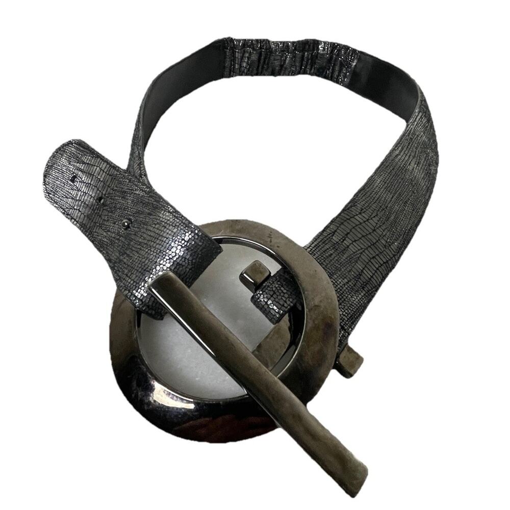 Sandy Duftler Designs Gray Metallic Snakeskin Leather Belt GunMetal Buckle VTG